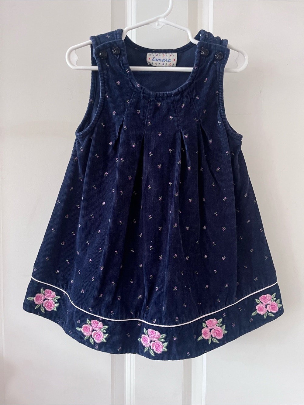 Samara Navy Corduroy Girls' Floral Trim Dress
